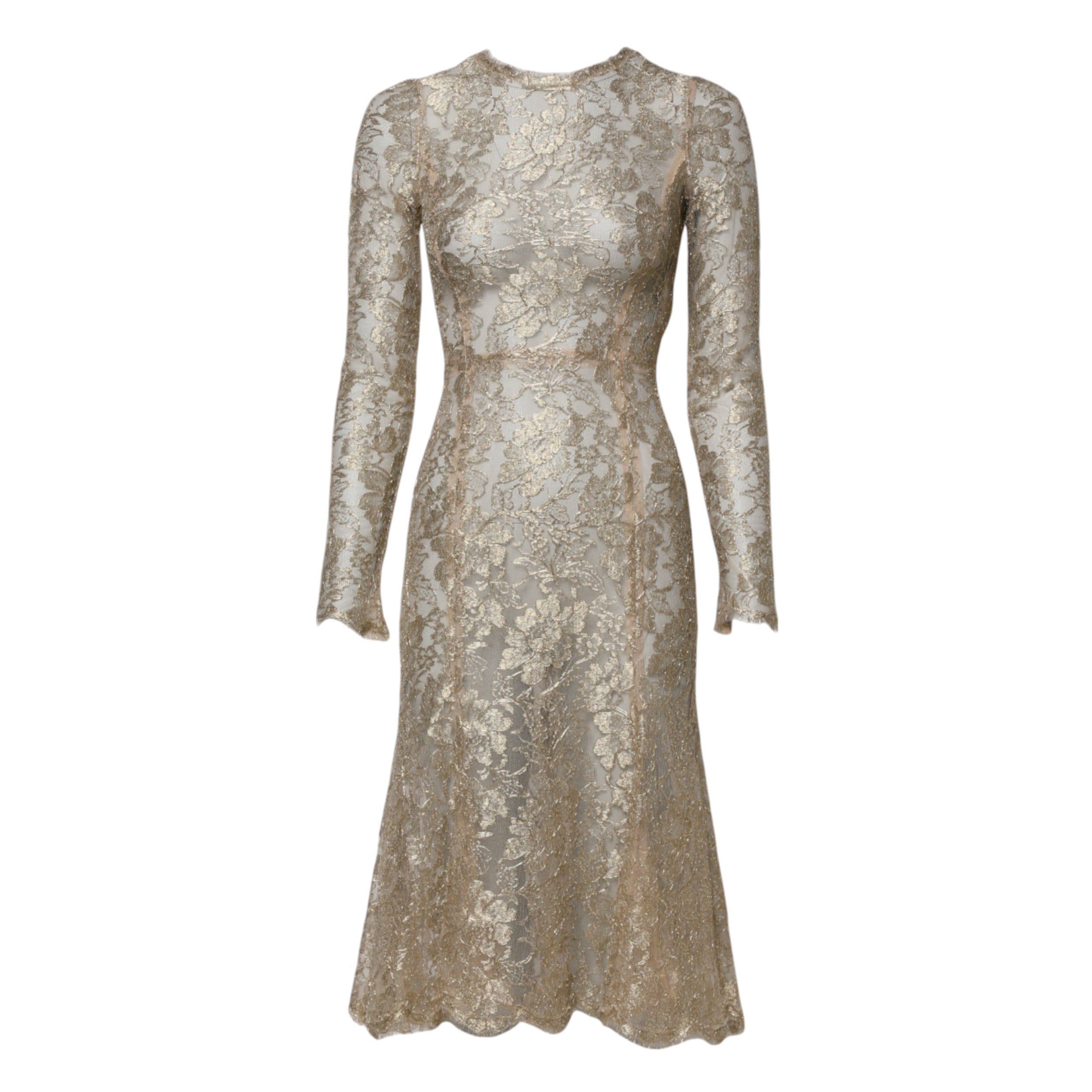Dolce &amp; Gabbana Gold Floral Lace Long Sleeves Fit &amp; Flare Dress