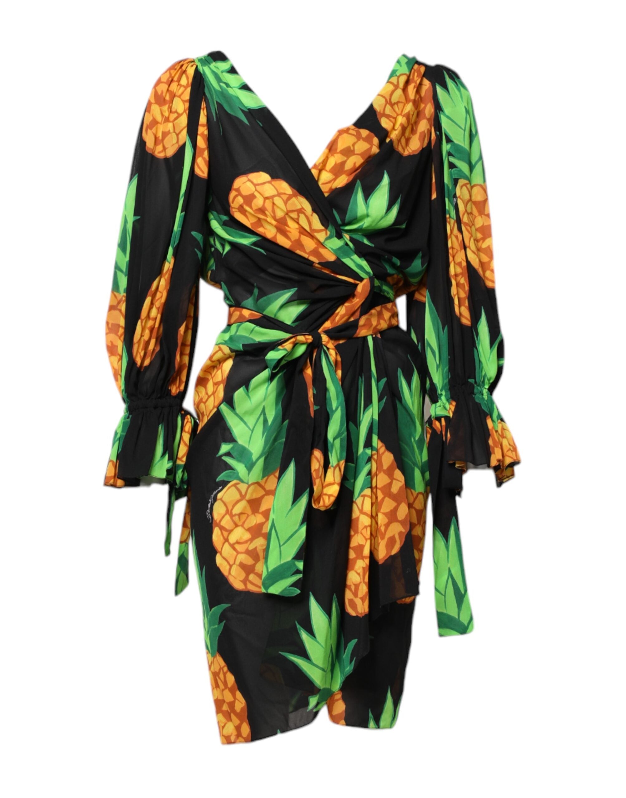 Dolce &amp; Gabbana Black Pineapple Print Silk Wrap Mini Dress