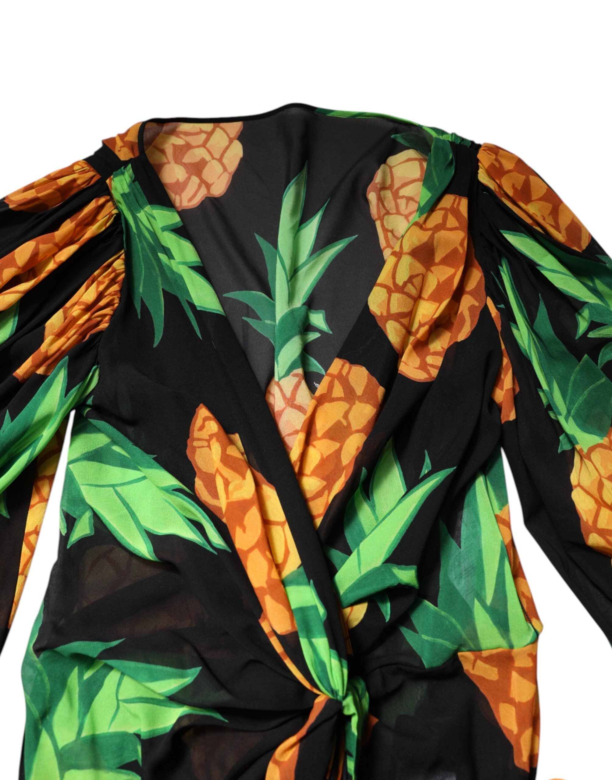 Dolce &amp; Gabbana Black Pineapple Print Silk Wrap Mini Dress