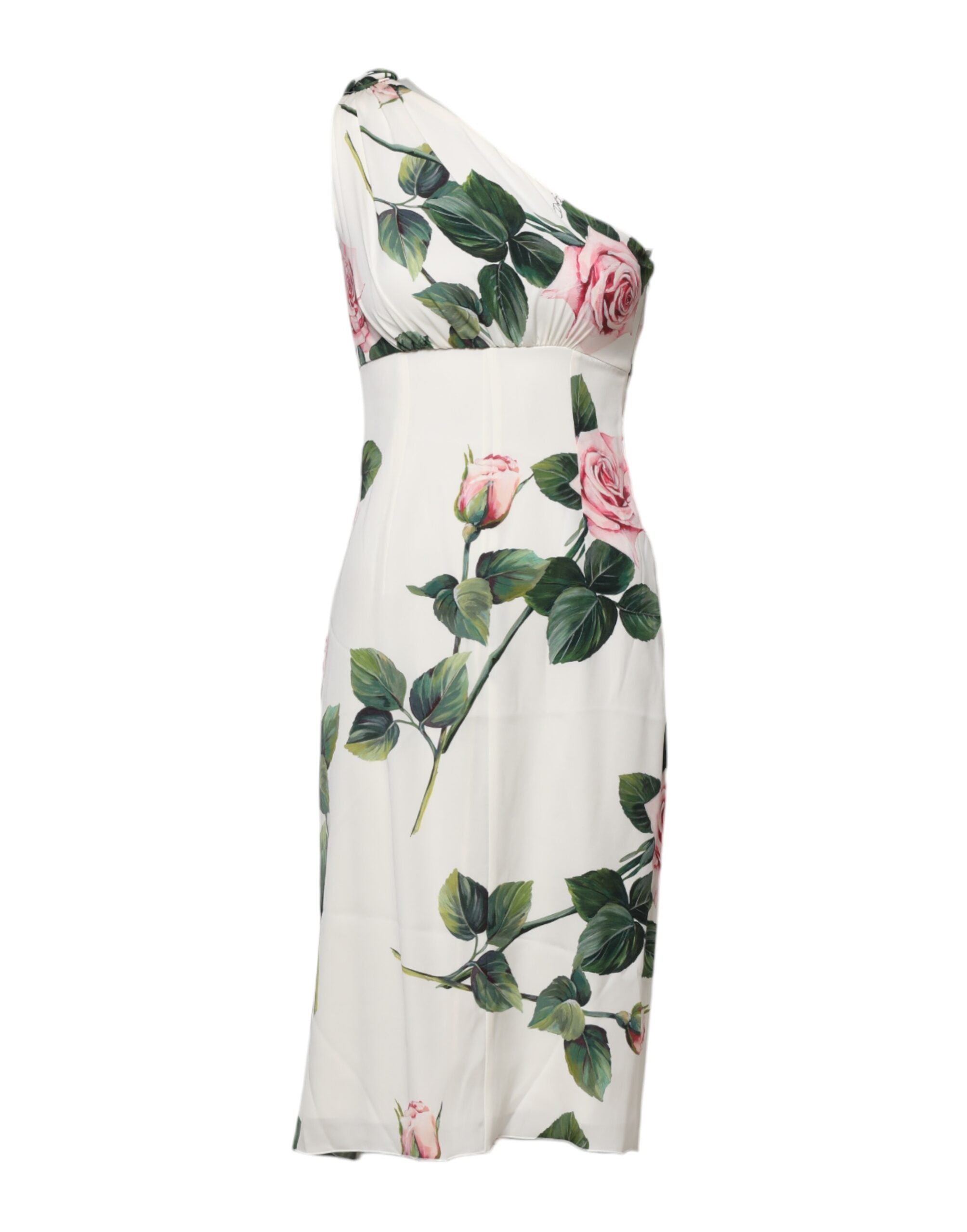 Dolce &amp; Gabbana White Floral One Shoulder Sheath Midi Dress