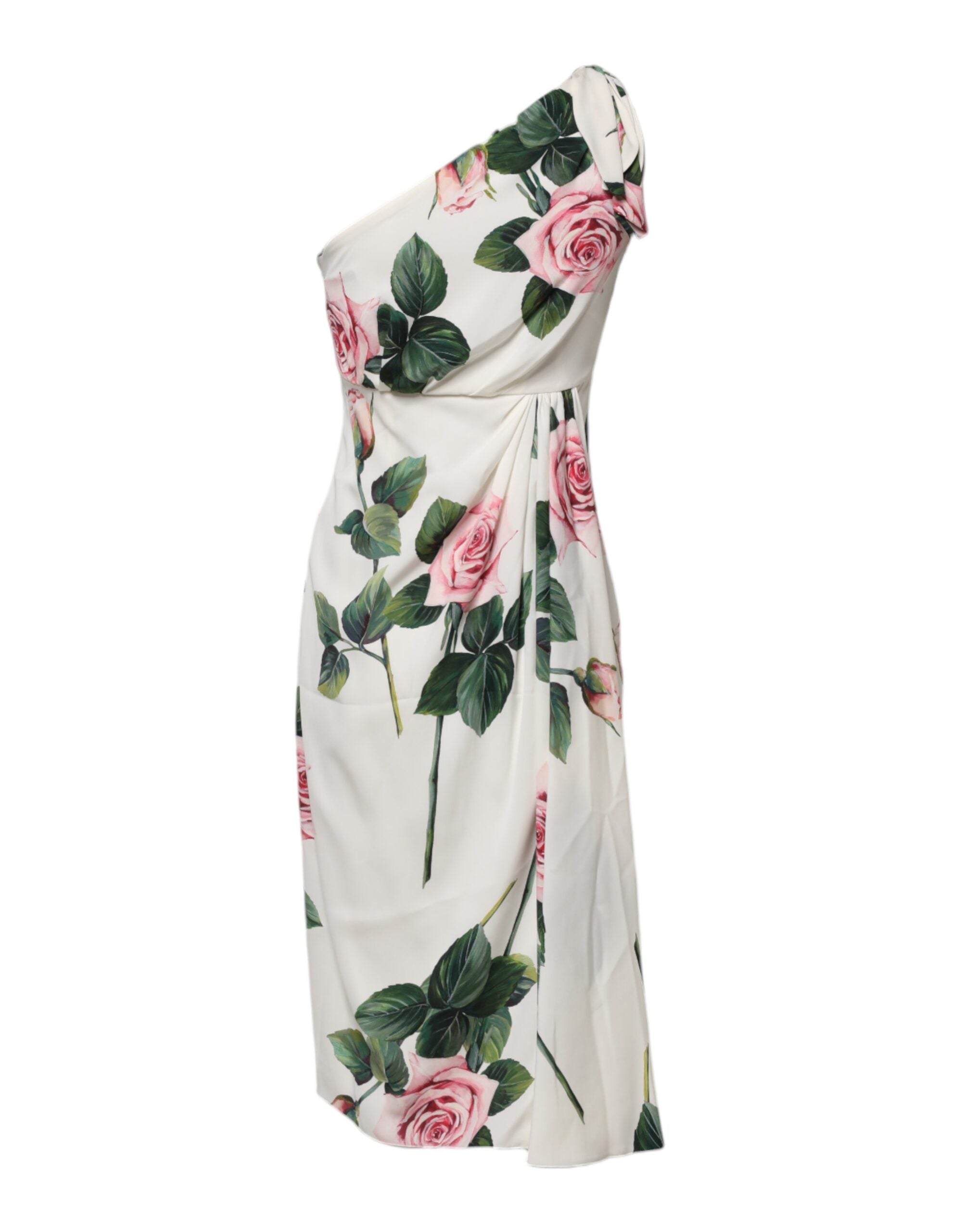 Dolce &amp; Gabbana White Floral One Shoulder Sheath Midi Dress