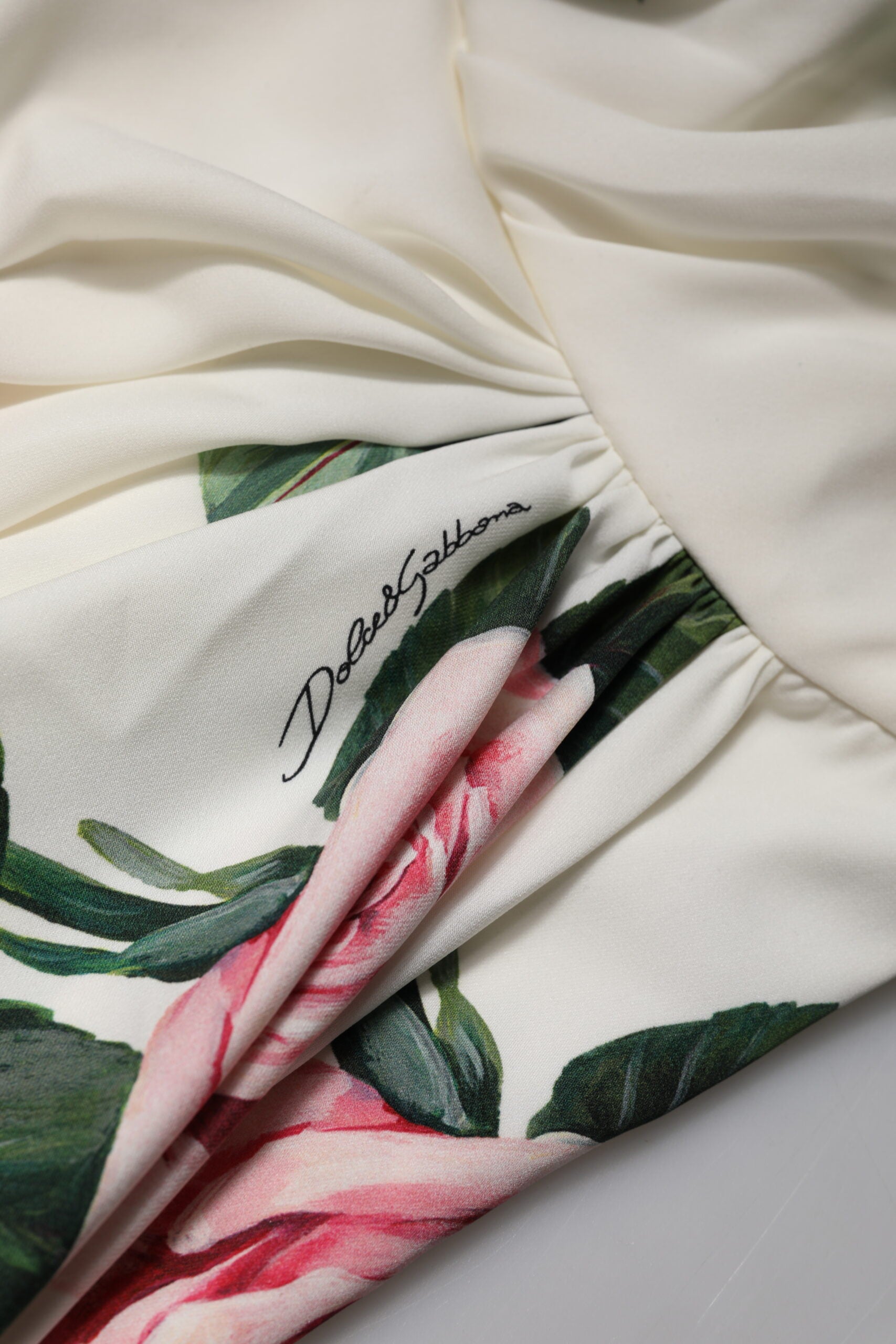 Dolce &amp; Gabbana White Floral One Shoulder Sheath Midi Dress