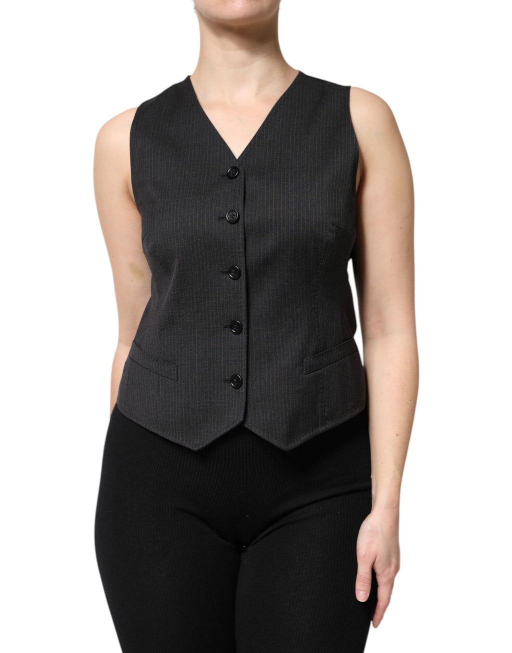 Dolce &amp; Gabbana Black Striped Button Down Sleeveless Vest Top