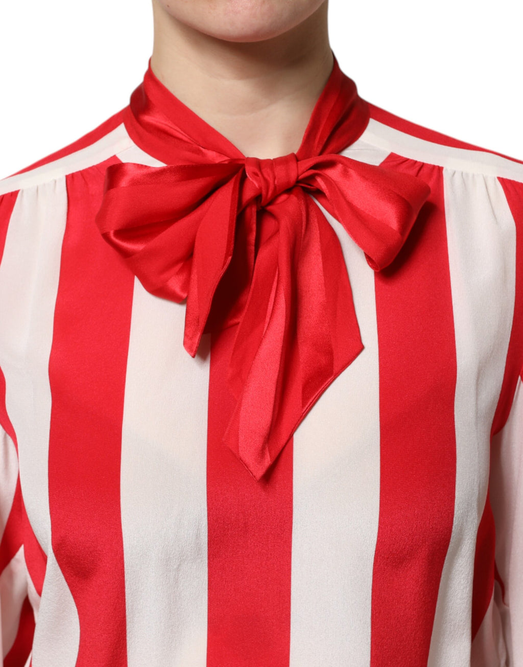 Dolce &amp; Gabbana Red White Stripes Ascot Collar Blouse Top