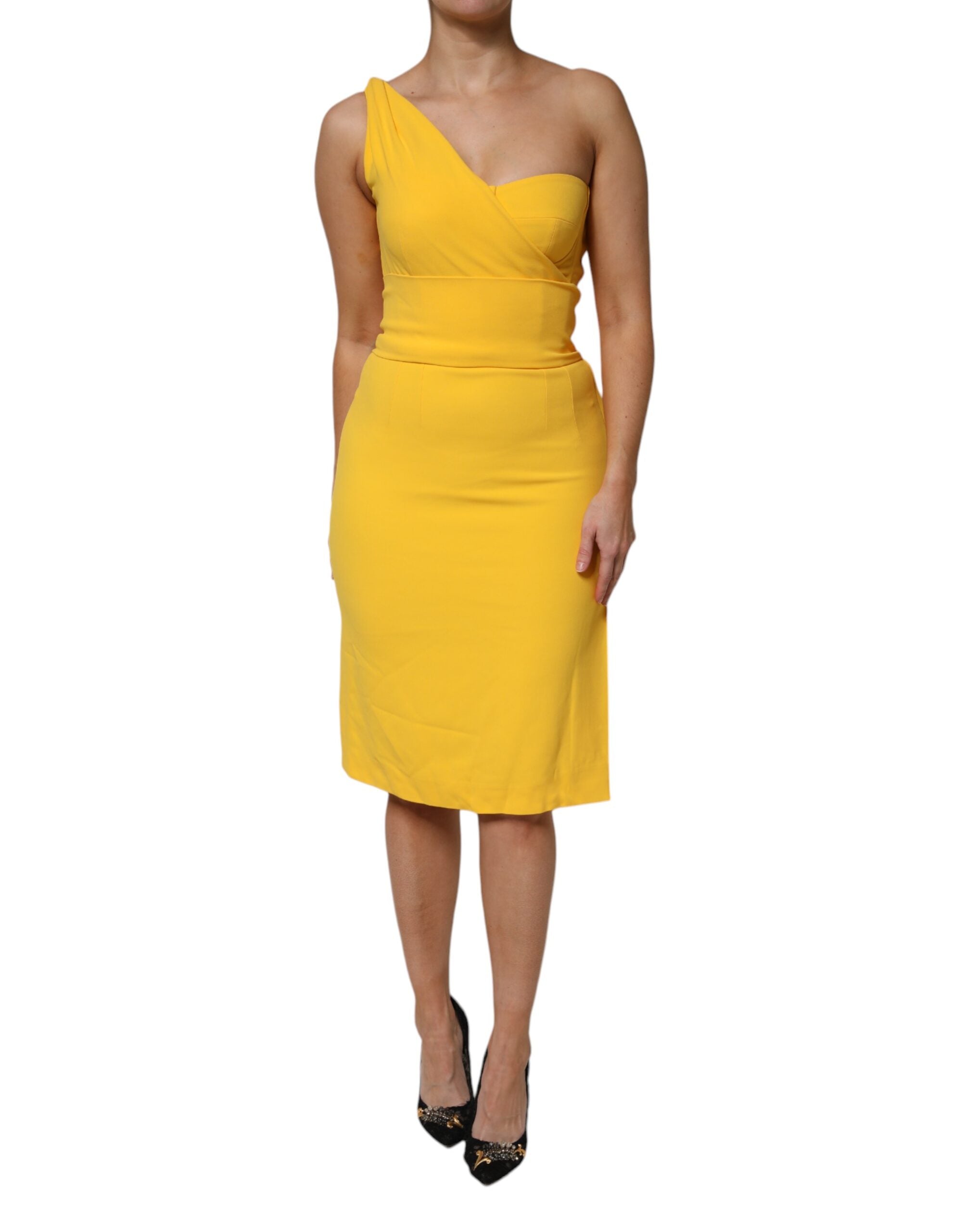 Dolce &amp; Gabbana Yellow One Shoulder Side Slit Midi Dress