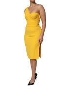 Dolce &amp; Gabbana Yellow One Shoulder Side Slit Midi Dress