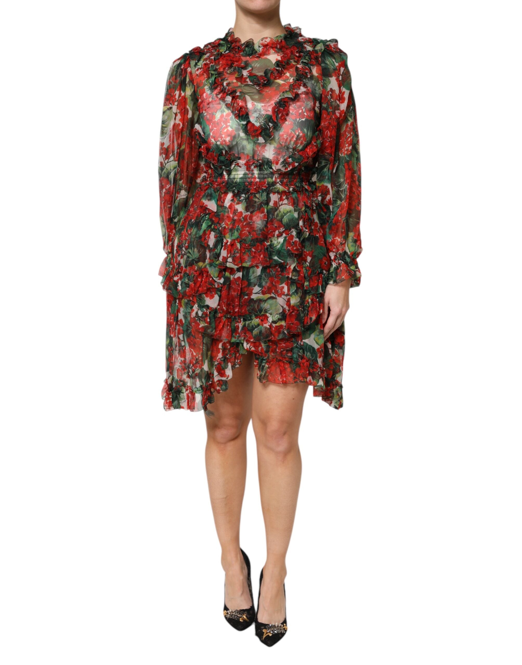 Dolce &amp; Gabbana Multicolor Ruffle Floral Long Sleeves Dress