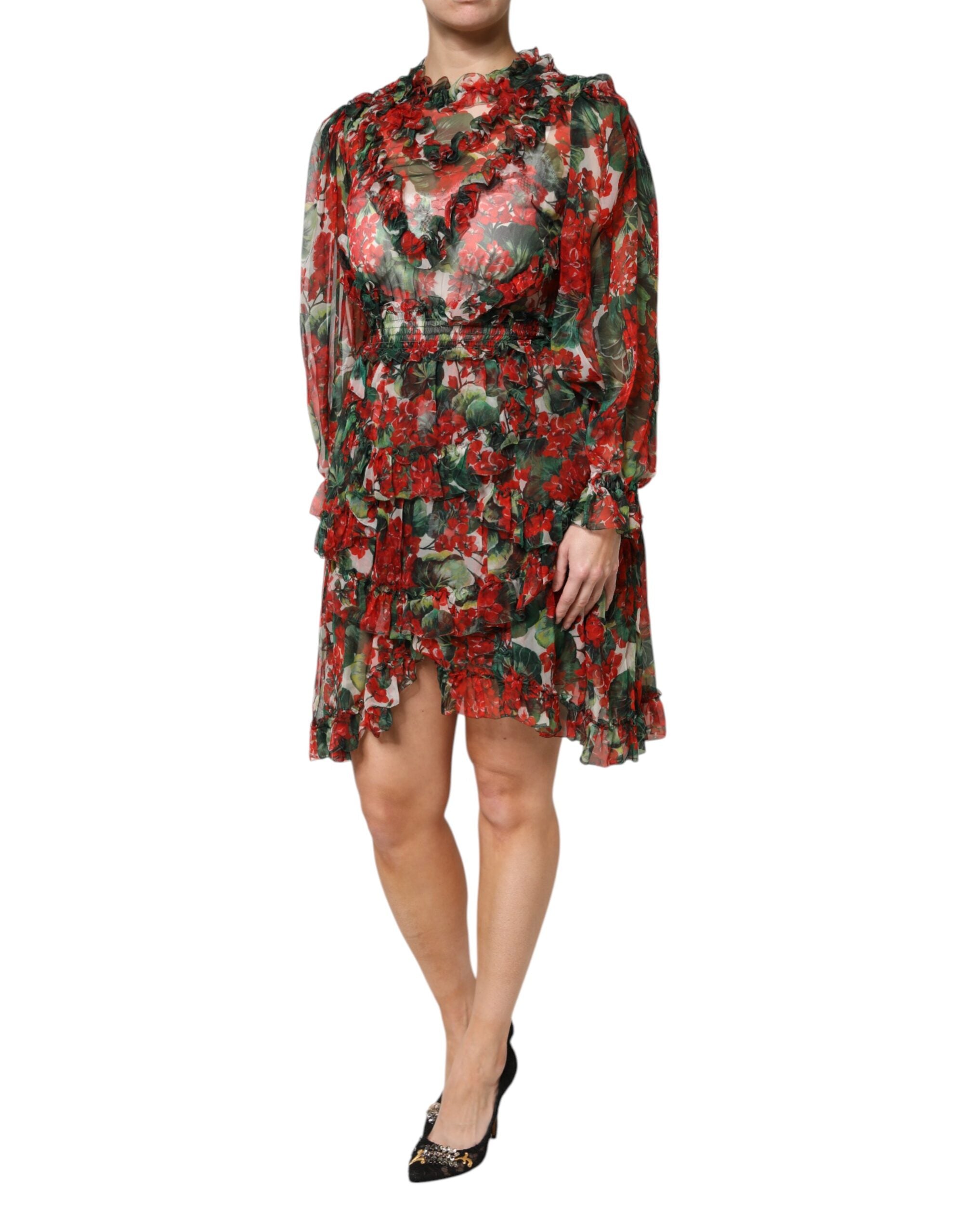Dolce &amp; Gabbana Multicolor Ruffle Floral Long Sleeves Dress