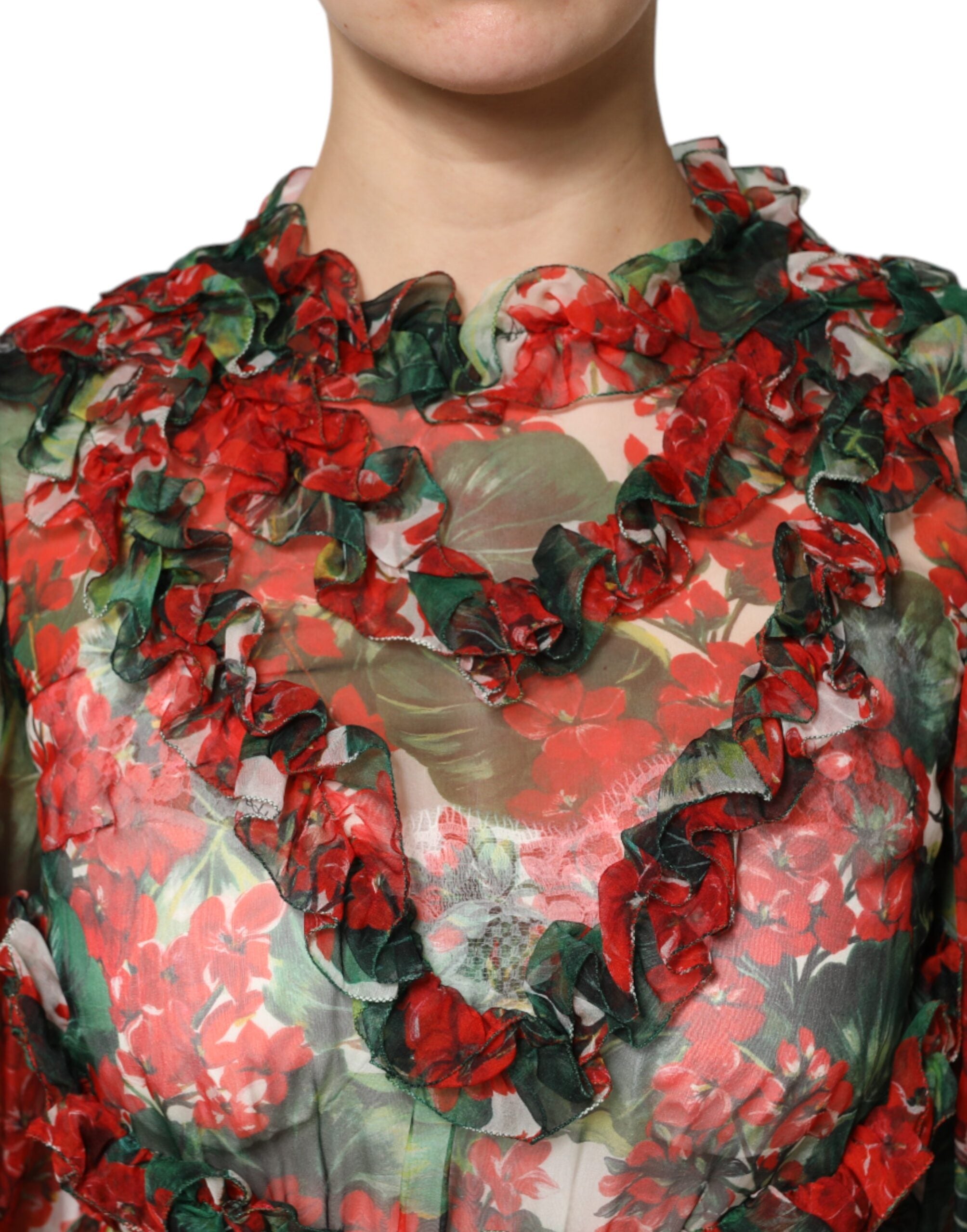 Dolce &amp; Gabbana Multicolor Ruffle Floral Long Sleeves Dress