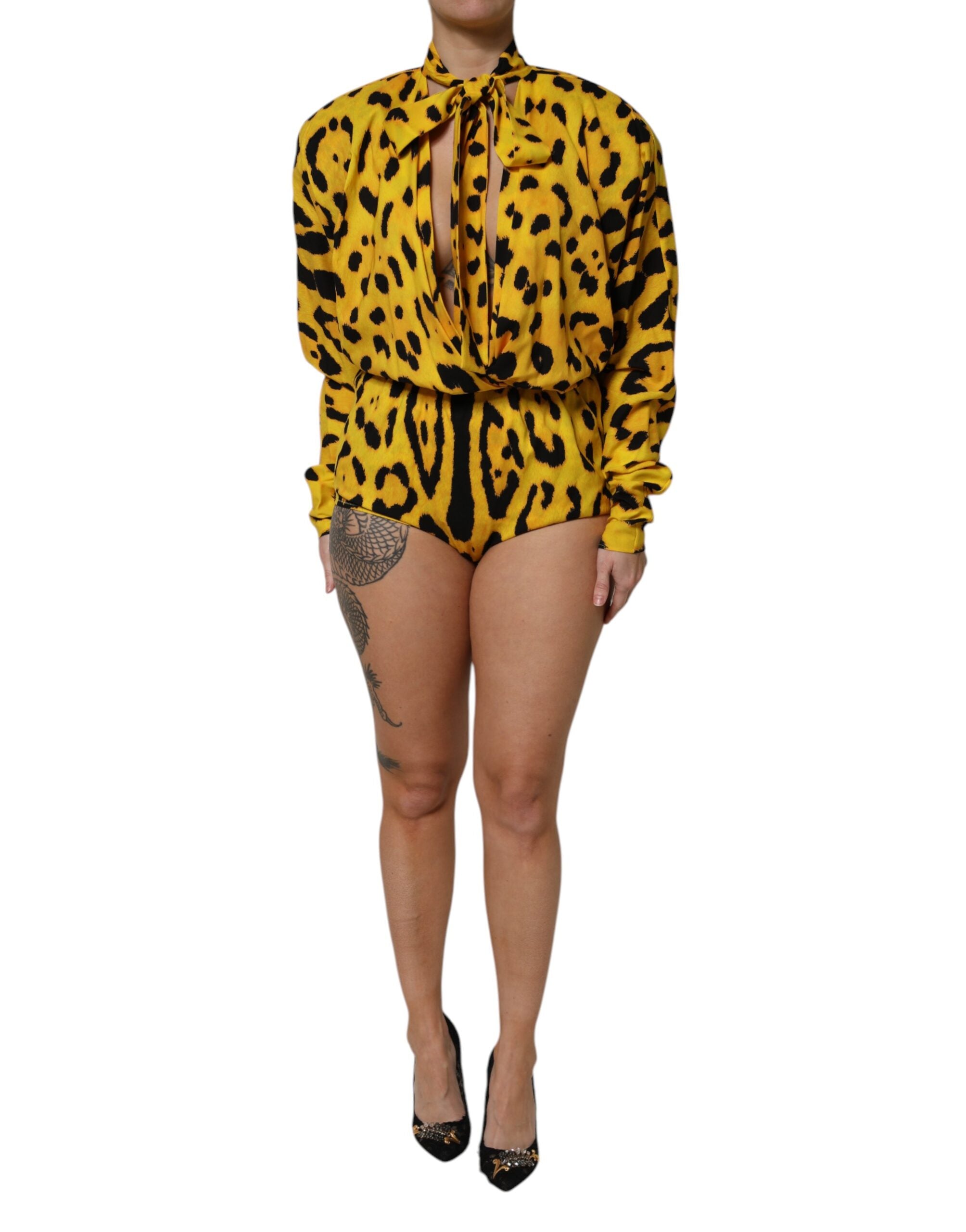 Dolce &amp; Gabbana Yellow Leopard Long Sleeves Jumpsuit Dress