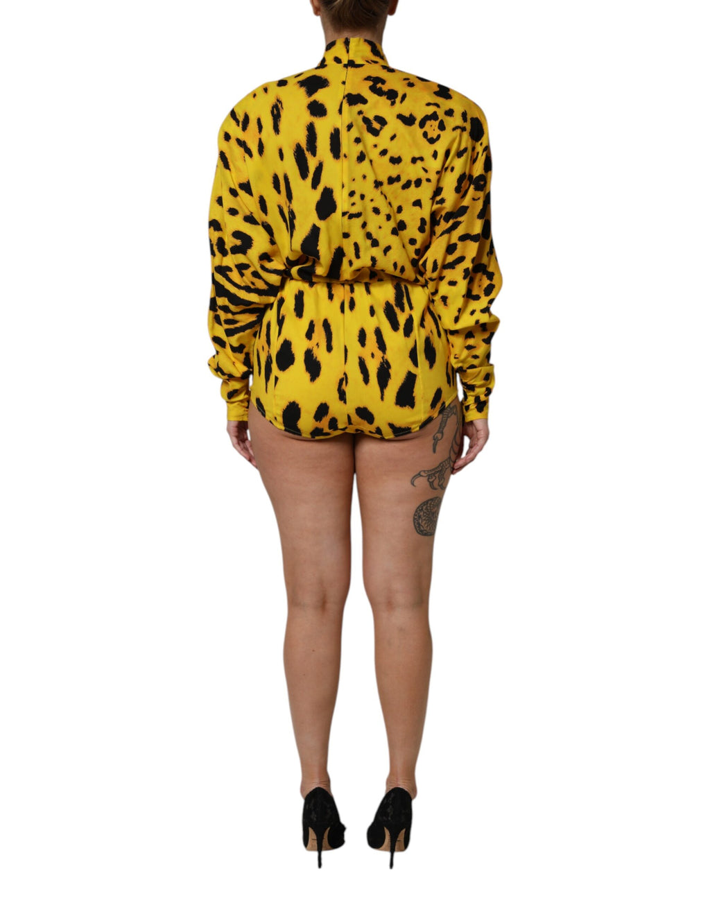 Dolce &amp; Gabbana Yellow Leopard Long Sleeves Jumpsuit Dress