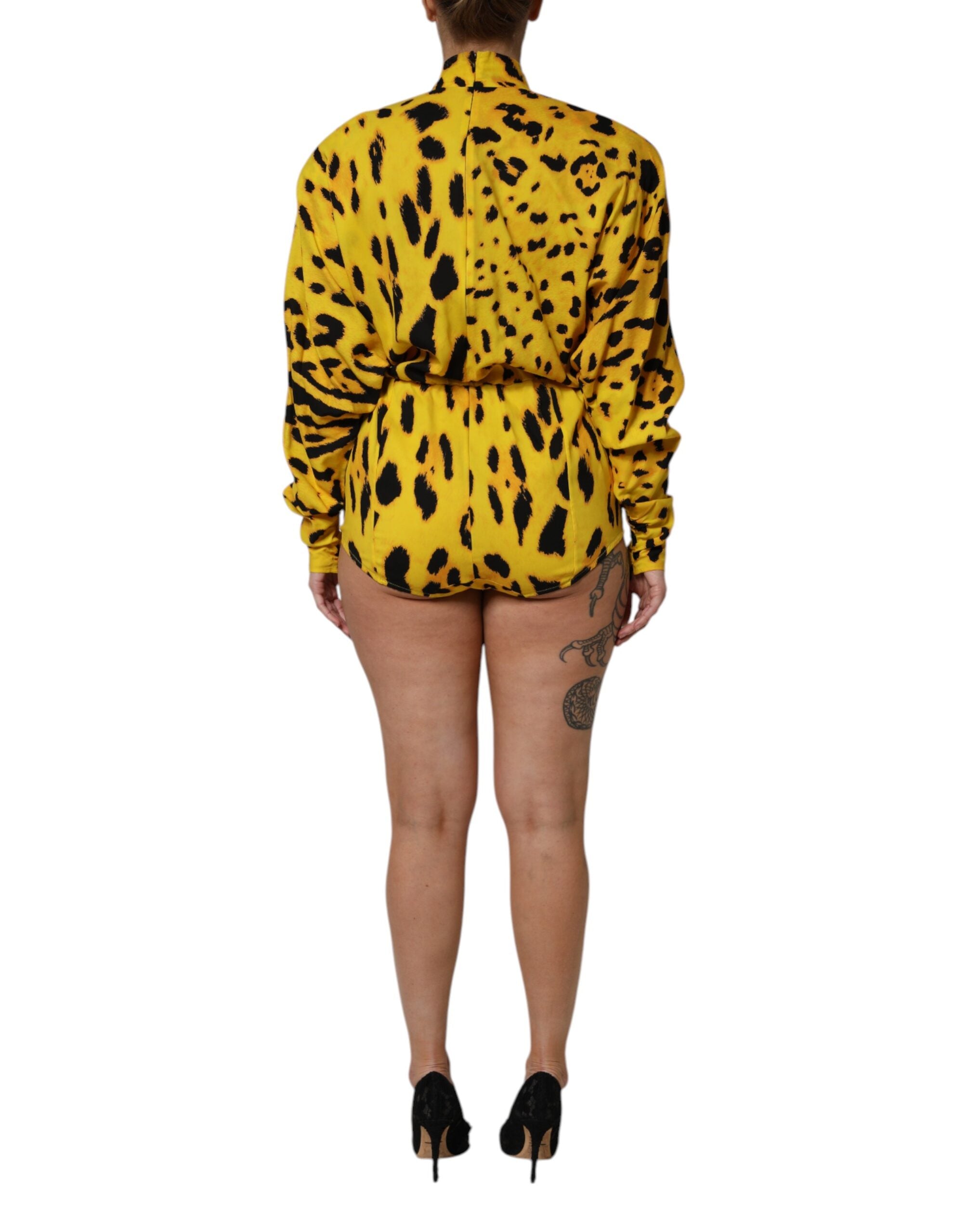 Dolce &amp; Gabbana Yellow Leopard Long Sleeves Jumpsuit Dress