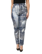 Dolce &amp; Gabbana Blue Washed Print High Waist Denim Jeans
