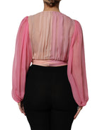 Dolce &amp; Gabbana Pink Plunging V-neck Long Sleeves Blouse Top