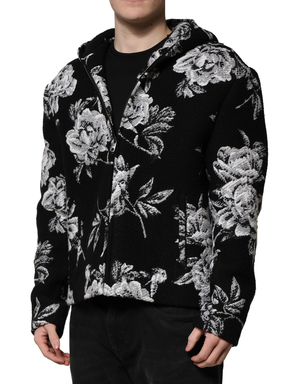 Dolce &amp; Gabbana Black Wool Floral Printed Men Hooded Jacket