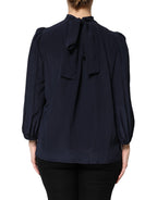 Dolce & Gabbana Blue Silk Mock Neck Long Sleeves Blouse Top