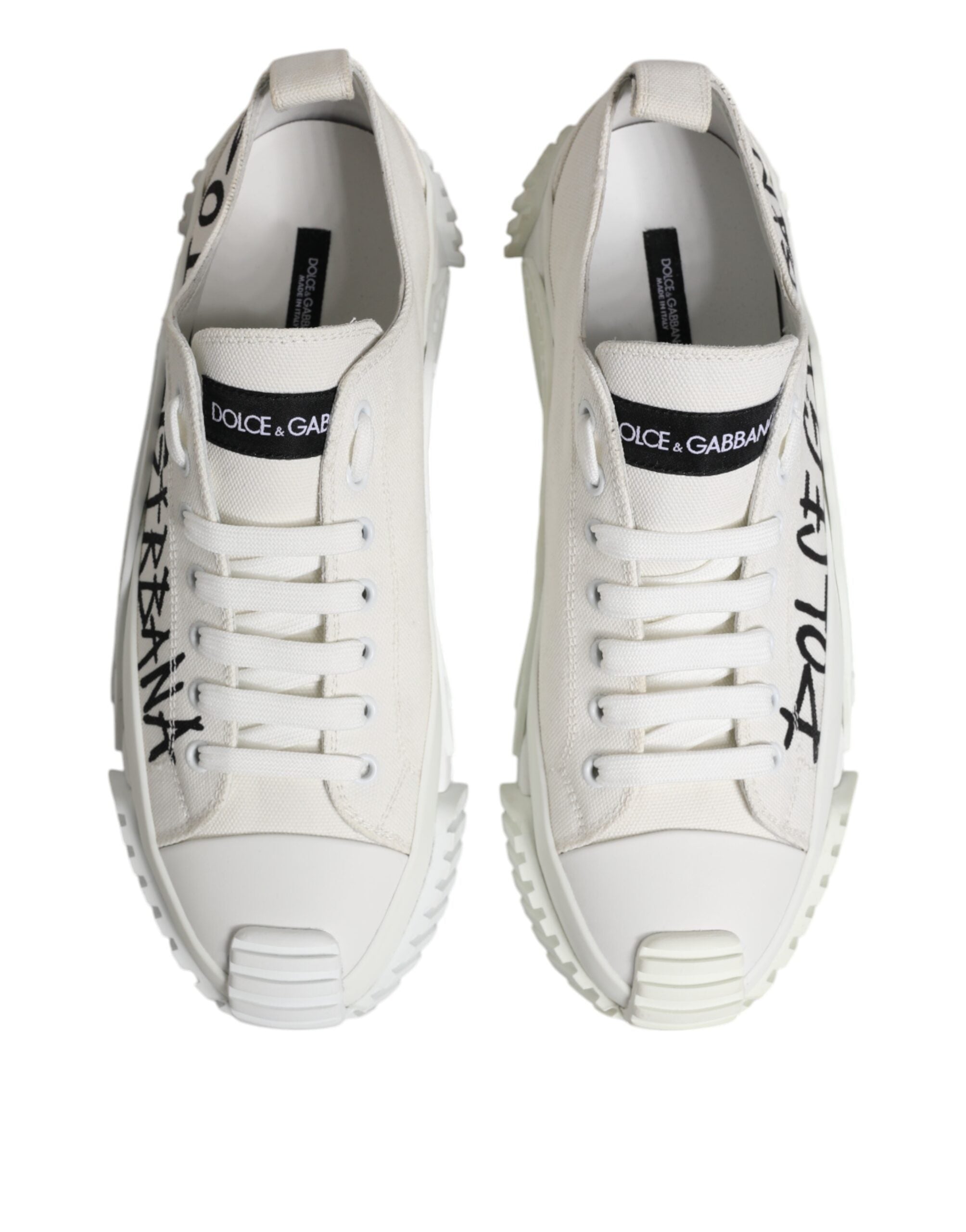 Dolce &amp; Gabbana White Logo Print Lace Up Low Top Sneakers Shoes