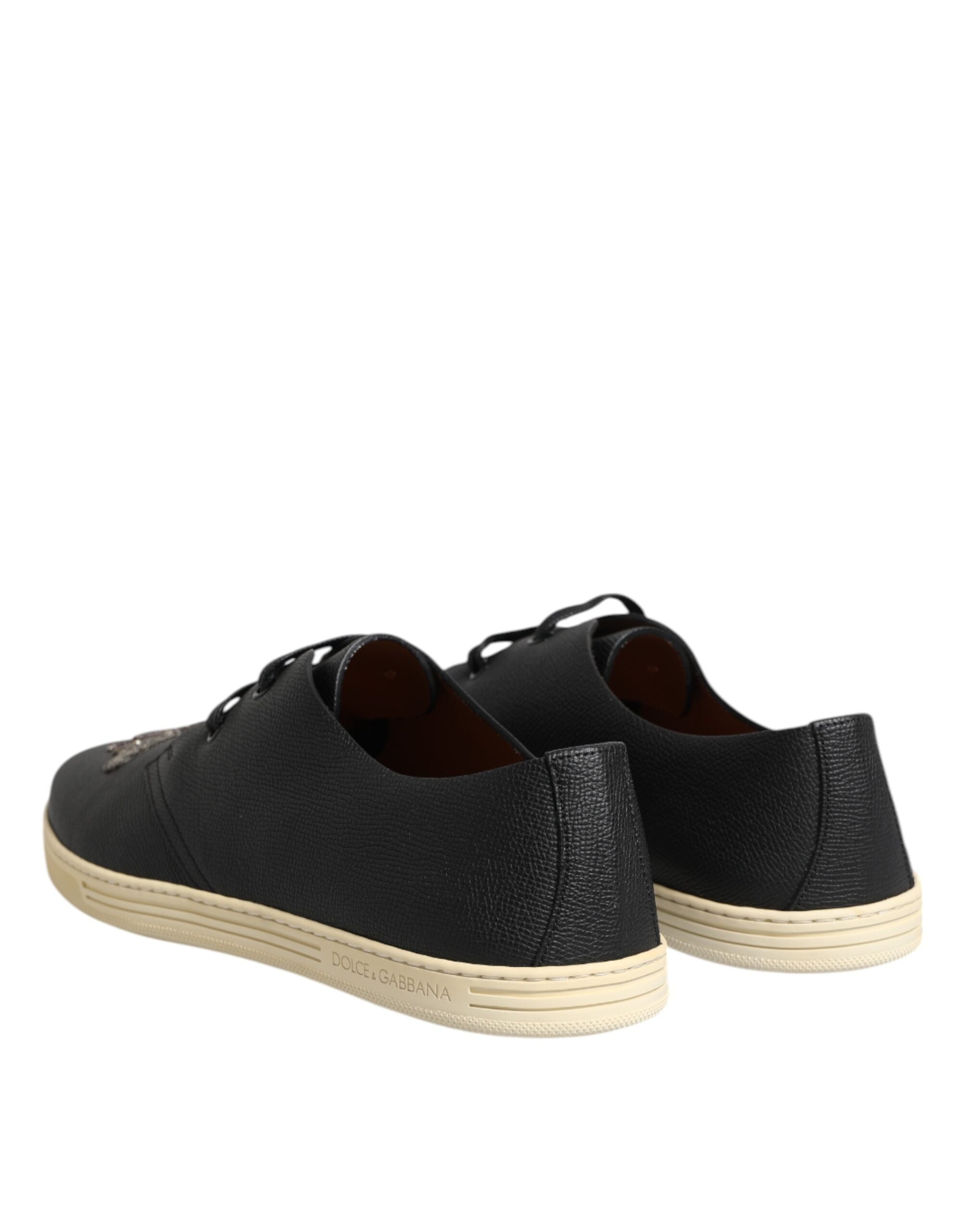 Dolce &amp; Gabbana Black Leather Bee Crown Low Top Sneakers Shoes