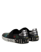 Dolce &amp; Gabbana Black Leather Studded Graffiti Sneakers Shoes
