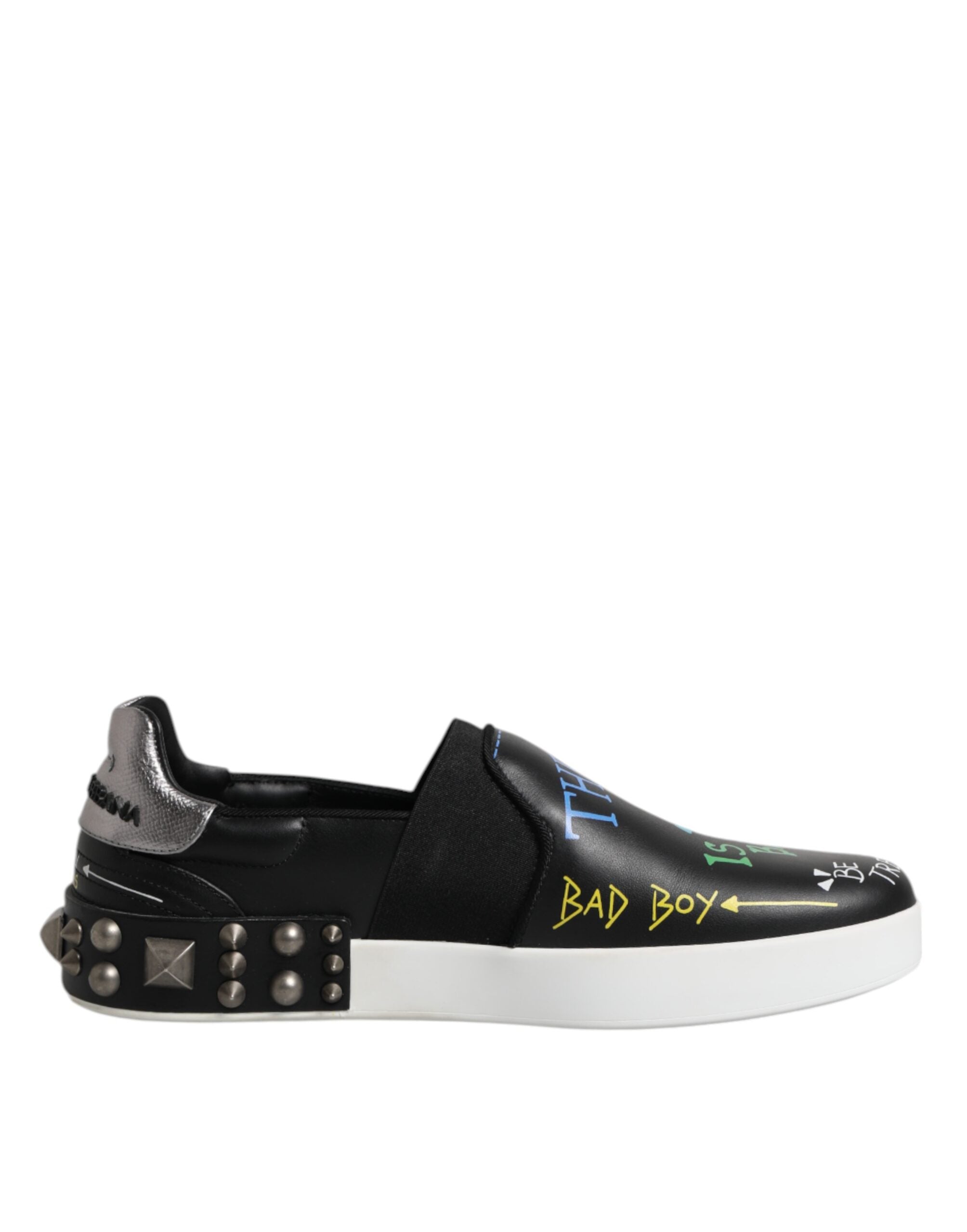 Dolce &amp; Gabbana Black Leather Studded Graffiti Sneakers Shoes