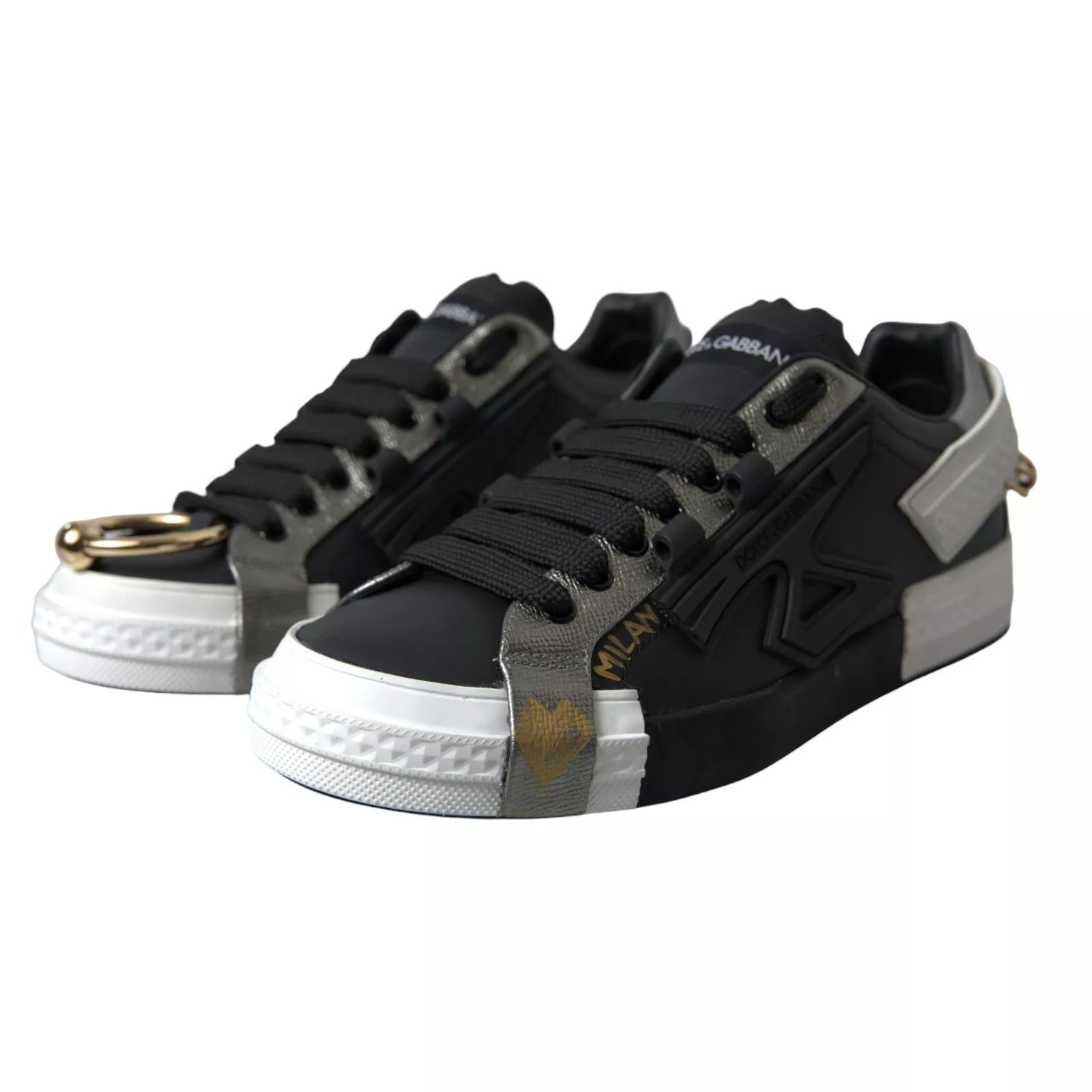 Dolce &amp; Gabbana Black Leather Low Top Sneakers Portofino Shoes