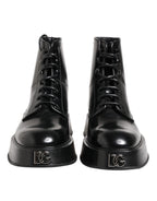 Dolce &amp; Gabbana Black Leather Logo Ankle Boots Lace Up Shoes