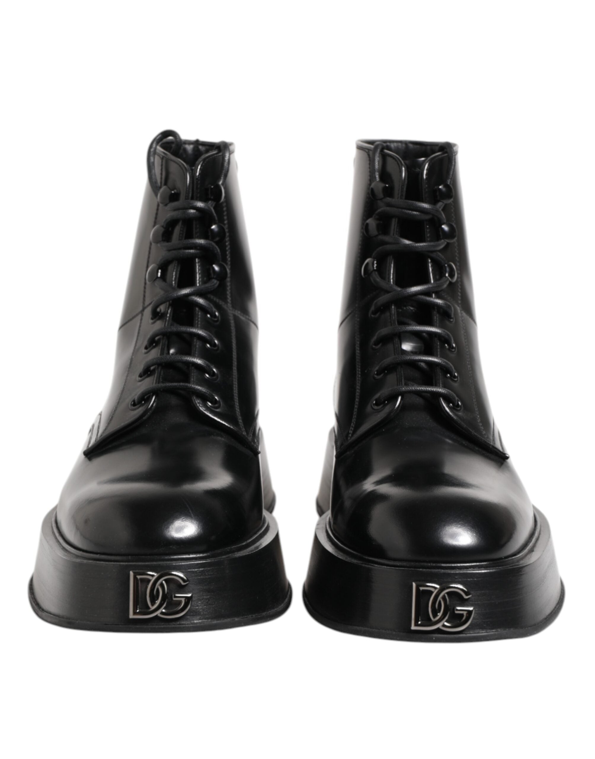 Dolce &amp; Gabbana Black Leather Logo Ankle Boots Lace Up Shoes