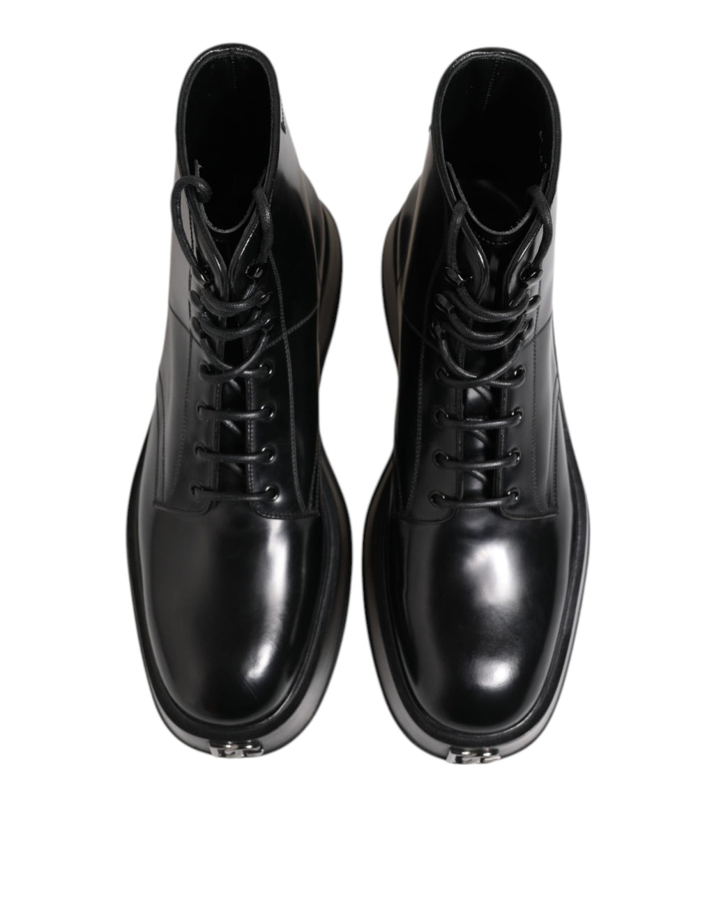 Dolce &amp; Gabbana Black Leather Logo Ankle Boots Lace Up Shoes