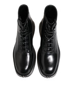 Dolce &amp; Gabbana Black Leather Logo Ankle Boots Lace Up Shoes