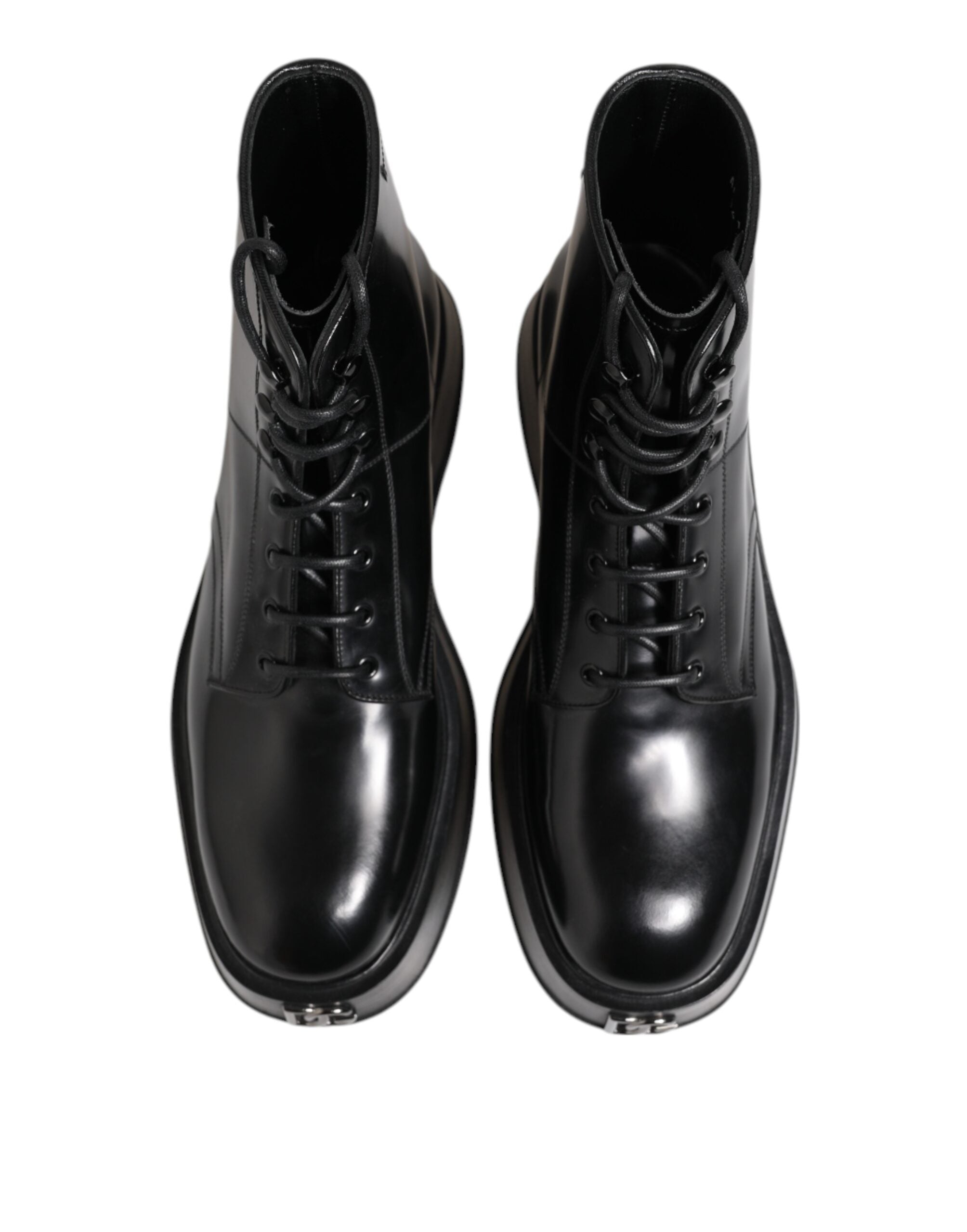 Dolce &amp; Gabbana Black Leather Logo Ankle Boots Lace Up Shoes