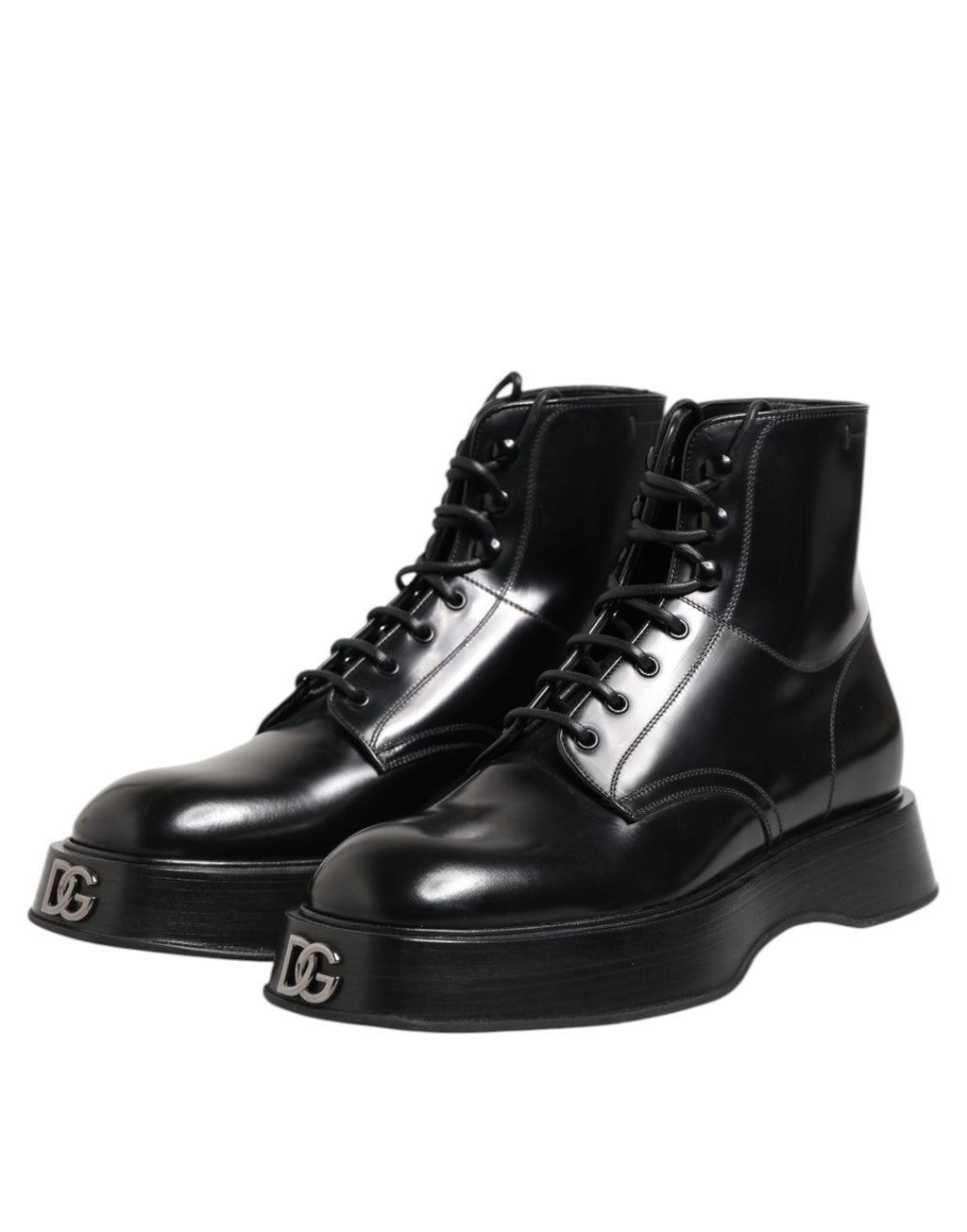 Dolce &amp; Gabbana Black Leather Logo Ankle Boots Lace Up Shoes