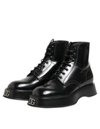 Dolce &amp; Gabbana Black Leather Logo Ankle Boots Lace Up Shoes