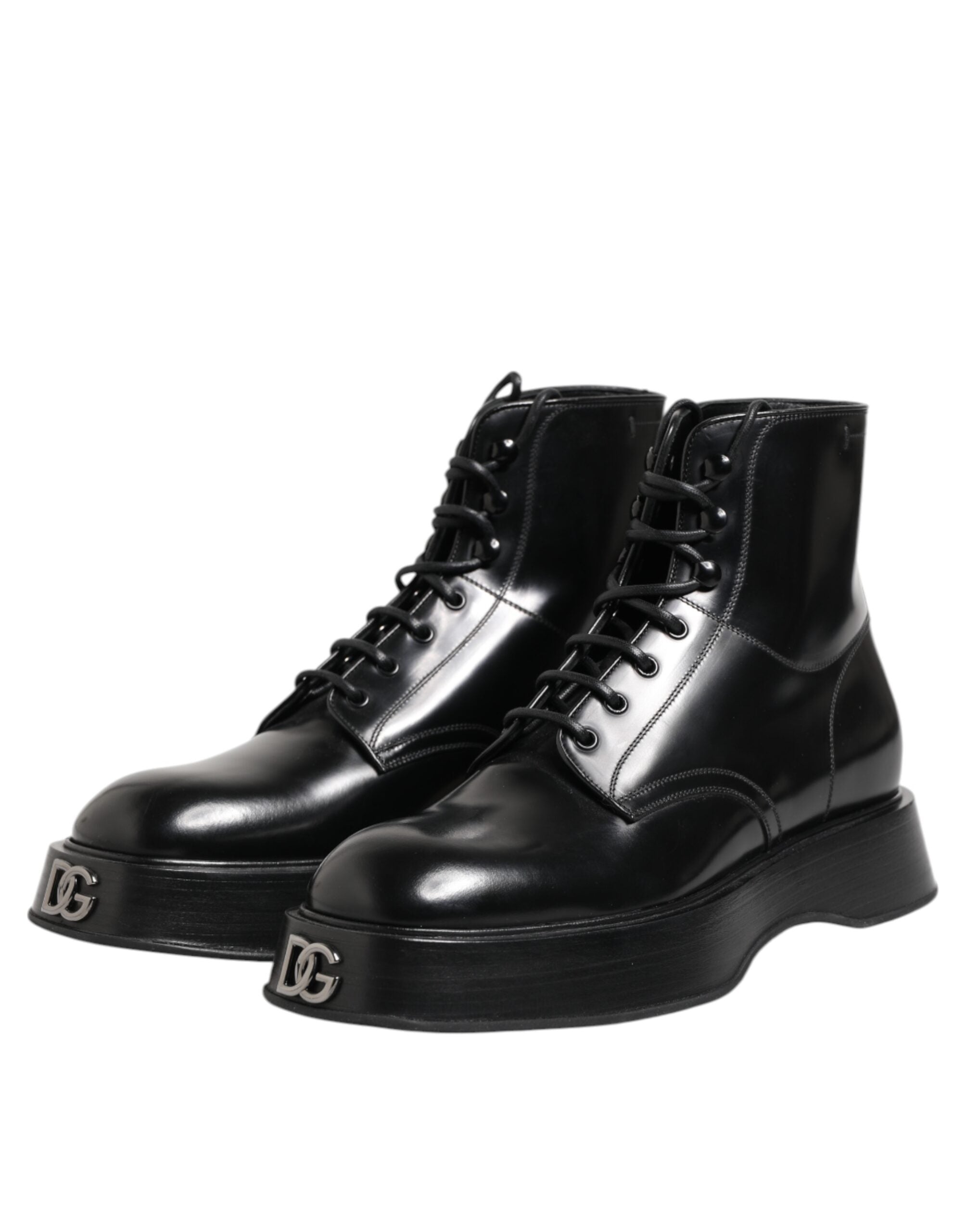 Dolce &amp; Gabbana Black Leather Logo Ankle Boots Lace Up Shoes