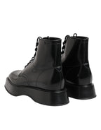 Dolce &amp; Gabbana Black Leather Logo Ankle Boots Lace Up Shoes