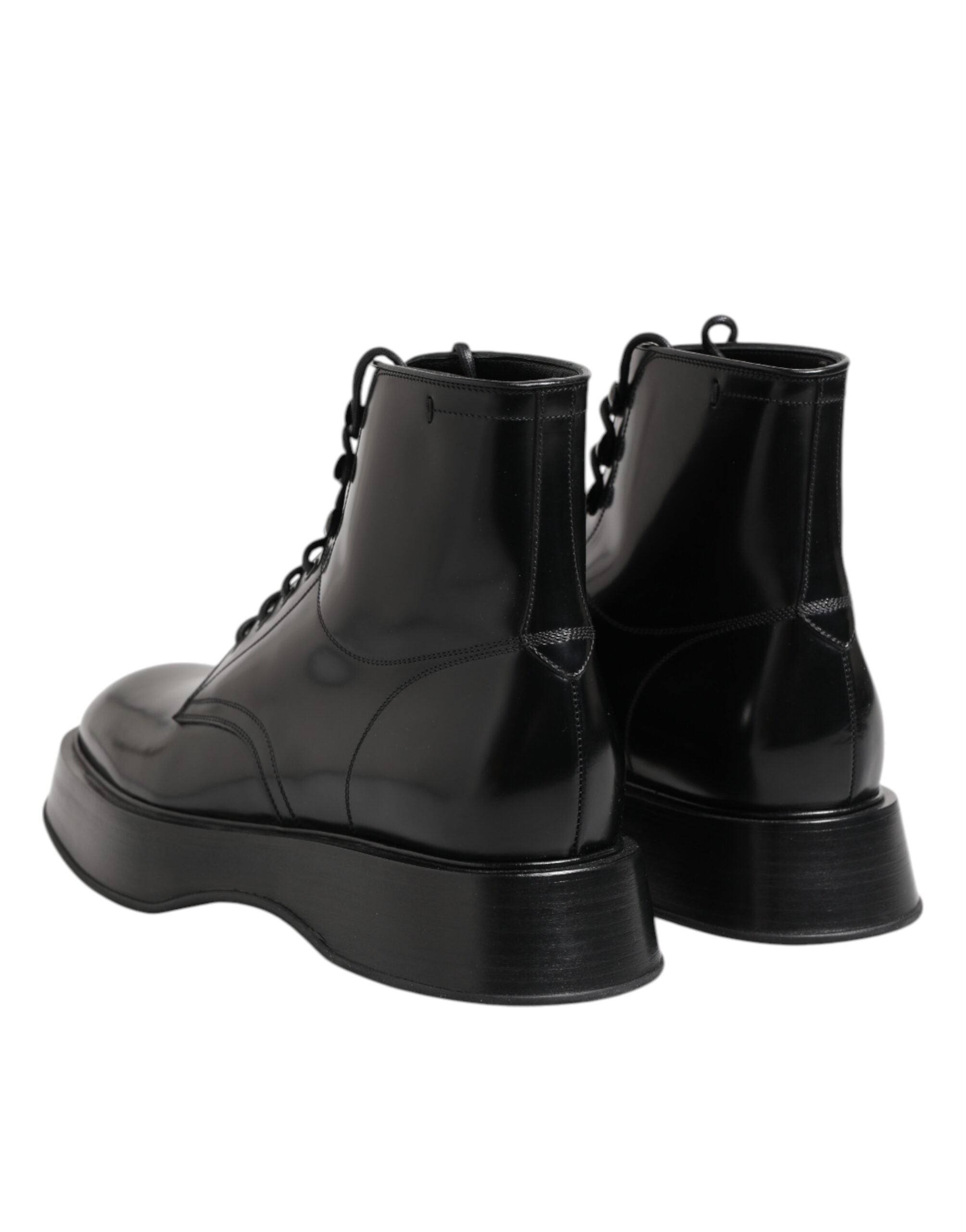 Dolce &amp; Gabbana Black Leather Logo Ankle Boots Lace Up Shoes