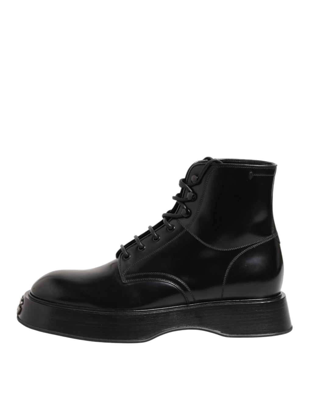 Dolce &amp; Gabbana Black Leather Logo Ankle Boots Lace Up Shoes
