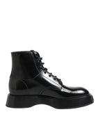 Dolce &amp; Gabbana Black Leather Logo Ankle Boots Lace Up Shoes