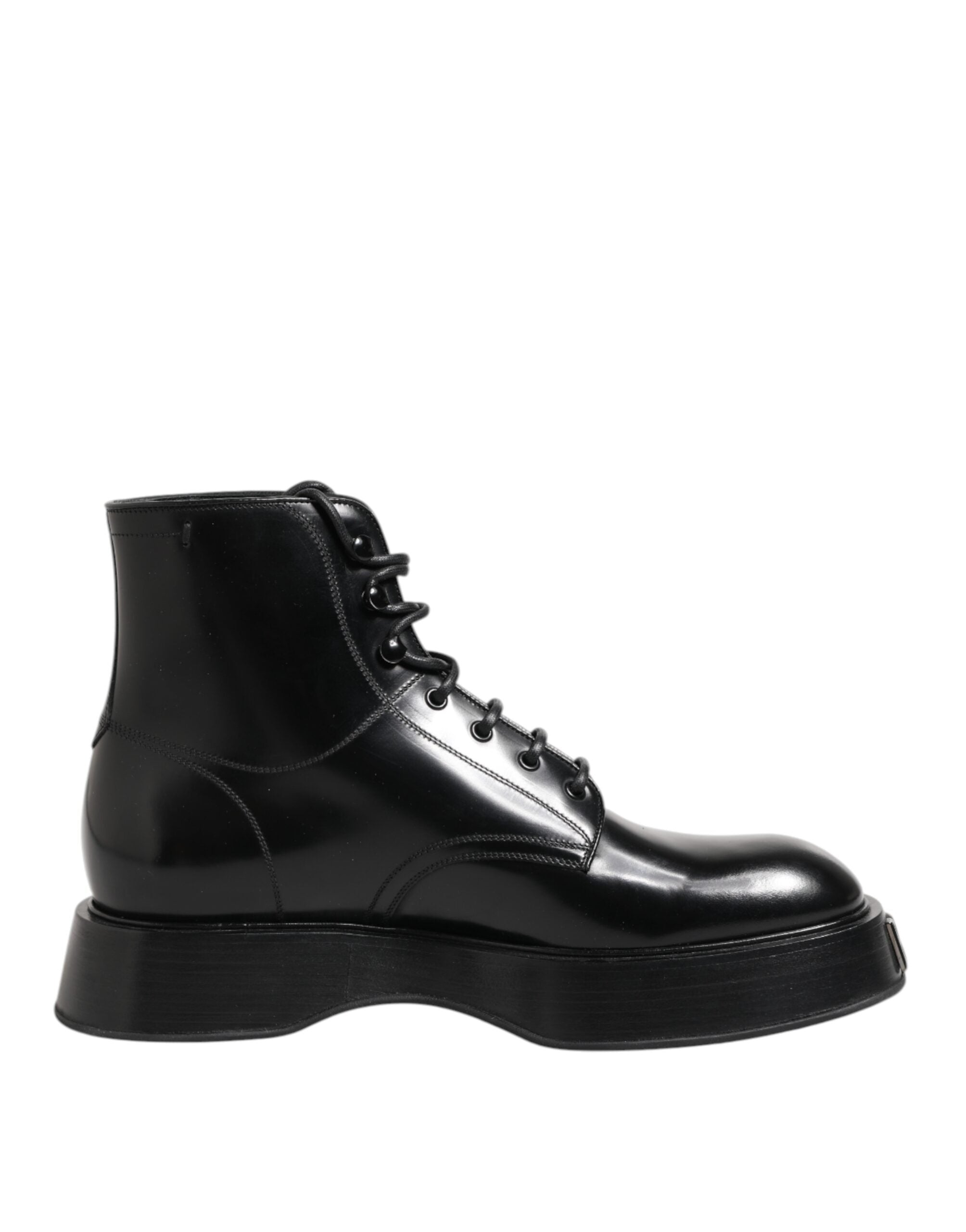 Dolce &amp; Gabbana Black Leather Logo Ankle Boots Lace Up Shoes