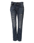 Dolce &amp; Gabbana Blue Cotton Tattered Boyfriend Denim Jeans