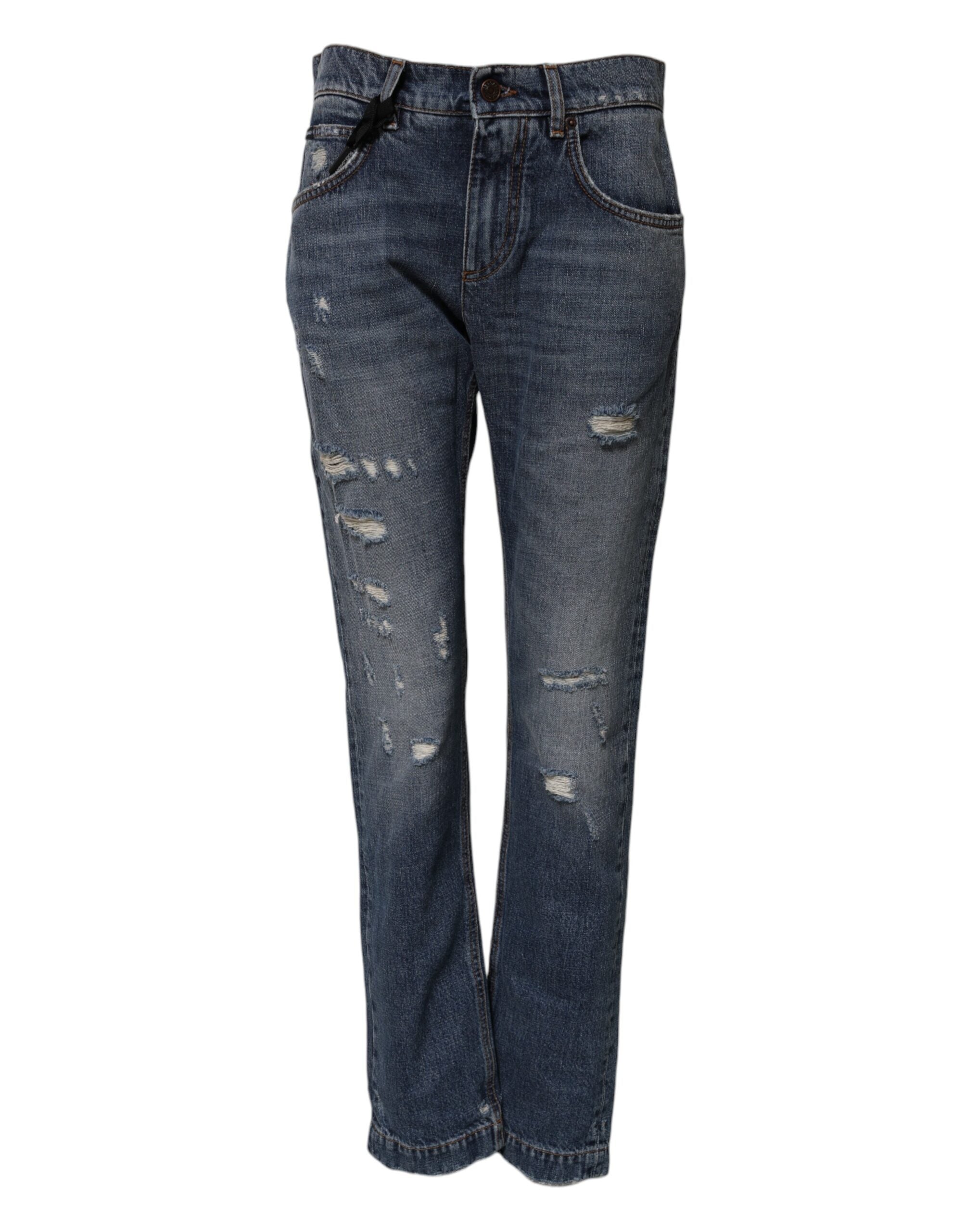 Dolce &amp; Gabbana Blue Cotton Tattered Boyfriend Denim Jeans