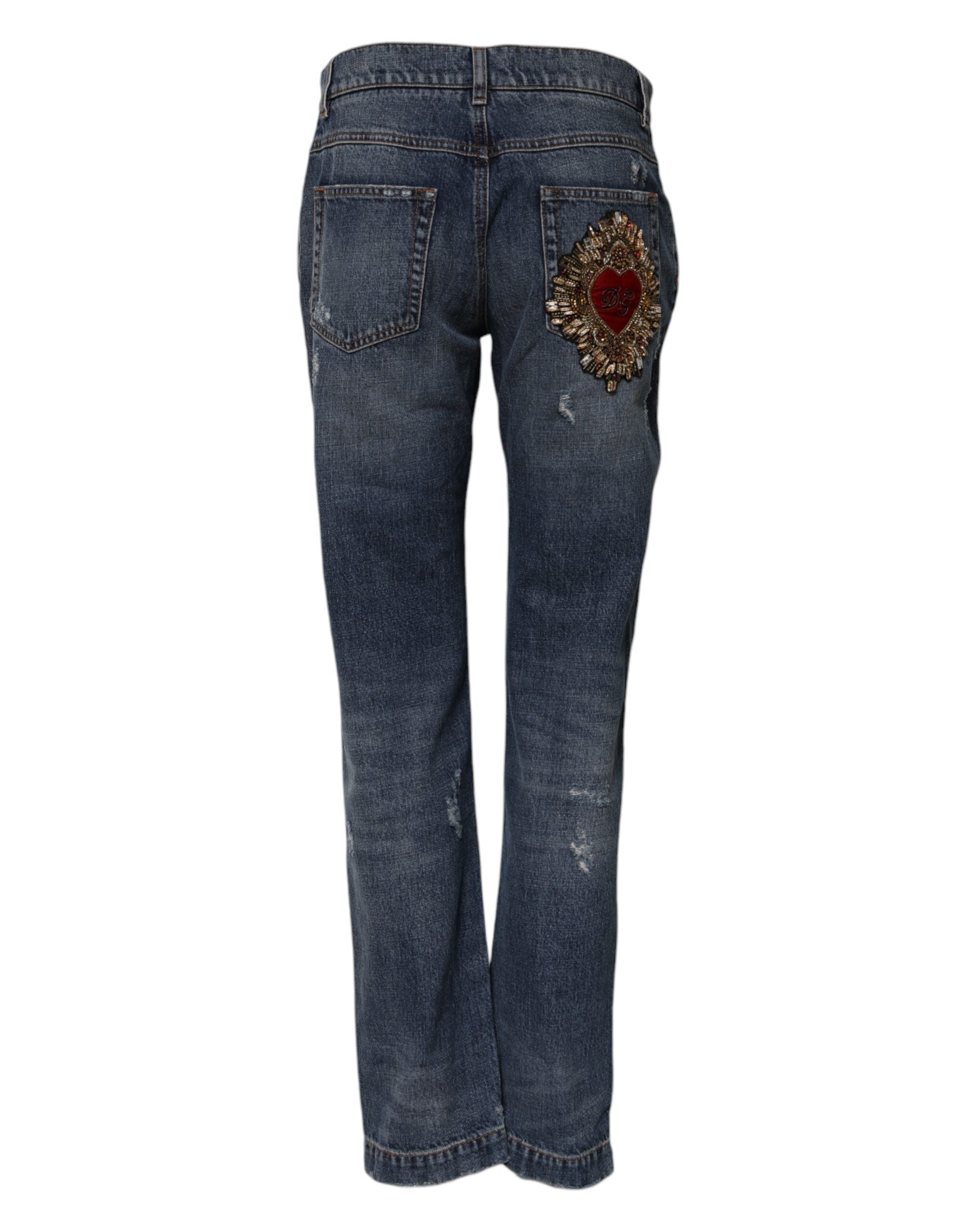 Dolce &amp; Gabbana Blue Cotton Tattered Boyfriend Denim Jeans