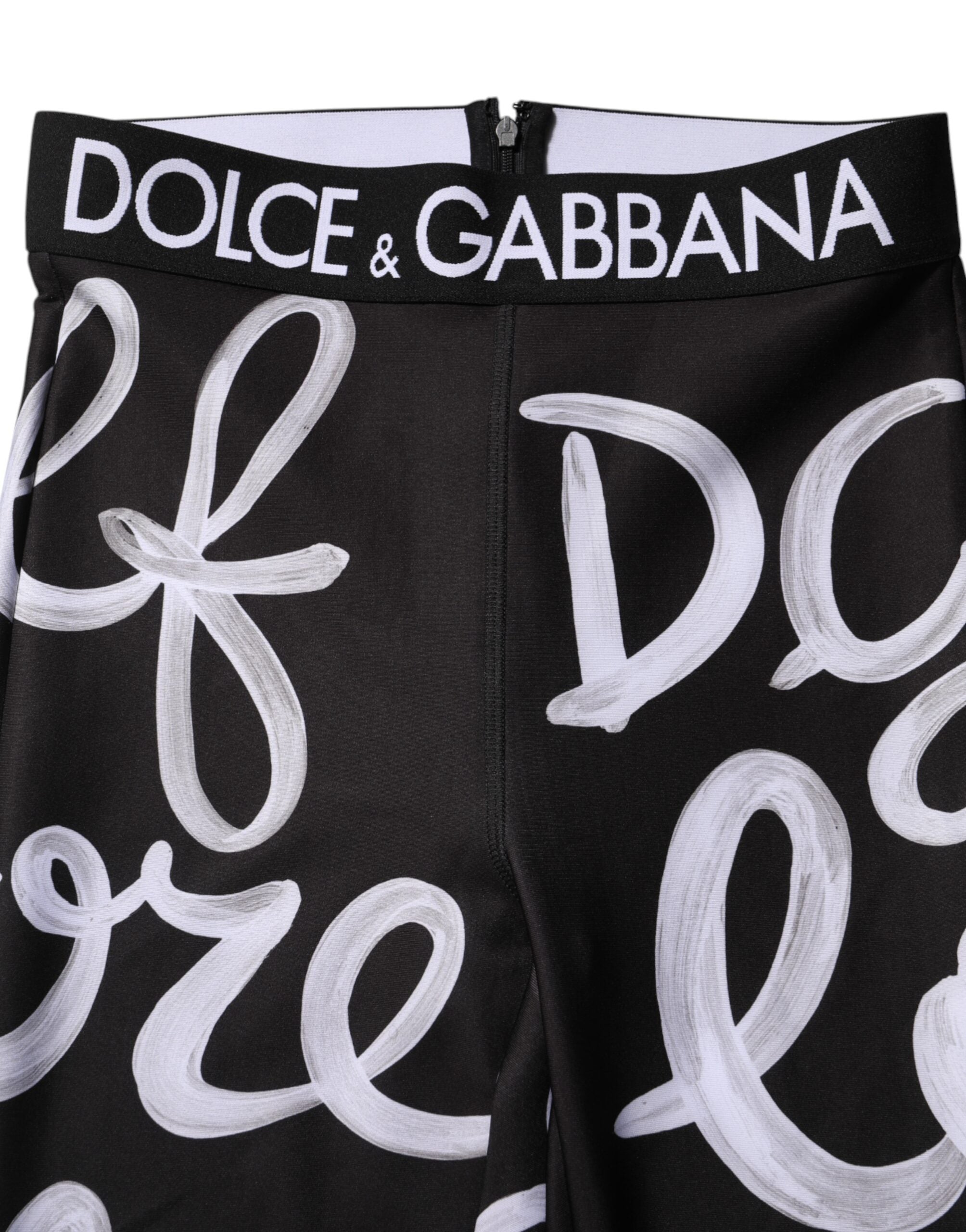 Dolce &amp; Gabbana Black Polyester Logo Print Mid Waisted Pants