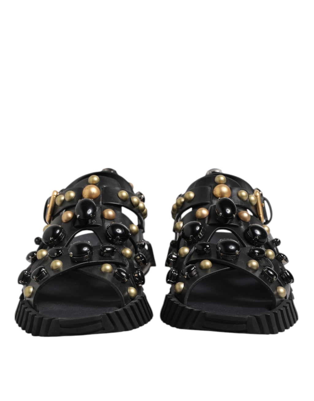 Dolce &amp; Gabbana Black Leather Studded Ankle Strap Sandals Shoes