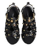 Dolce &amp; Gabbana Black Leather Studded Ankle Strap Sandals Shoes