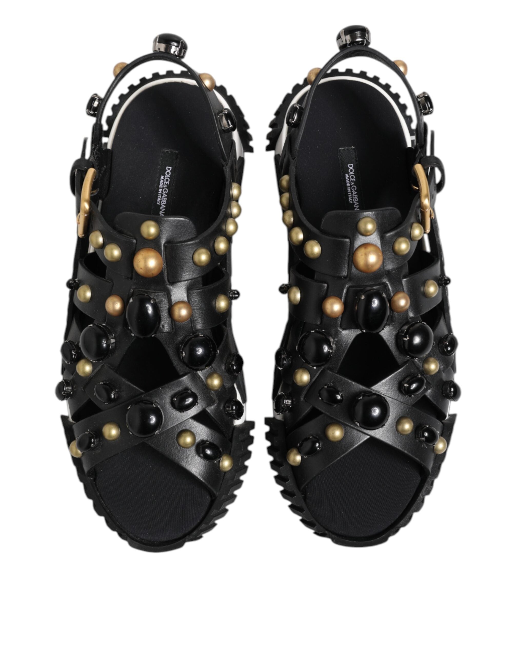 Dolce &amp; Gabbana Black Leather Studded Ankle Strap Sandals Shoes