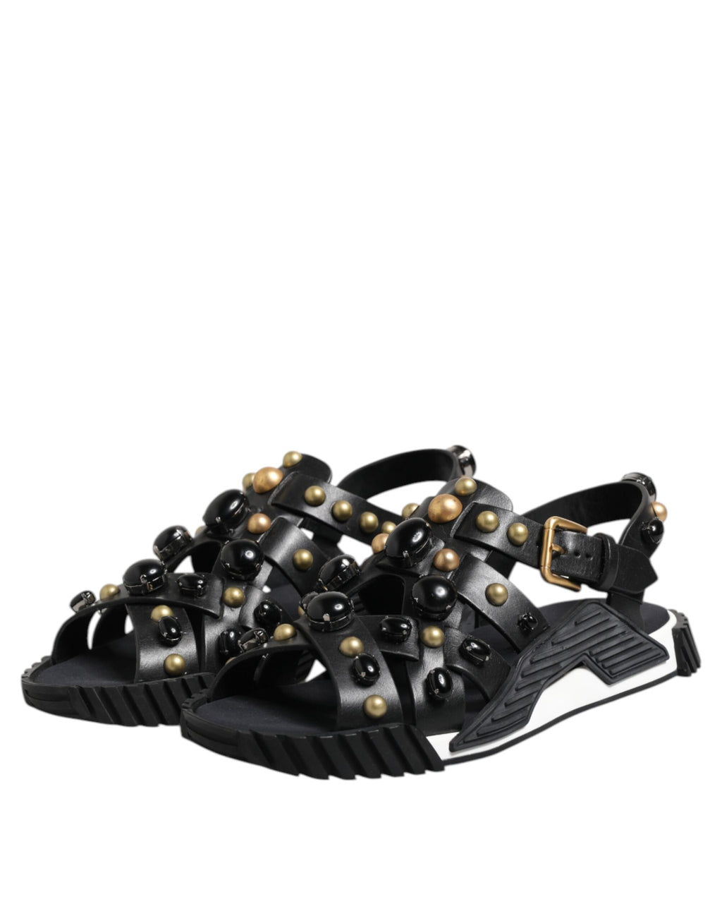 Dolce &amp; Gabbana Black Leather Studded Ankle Strap Sandals Shoes
