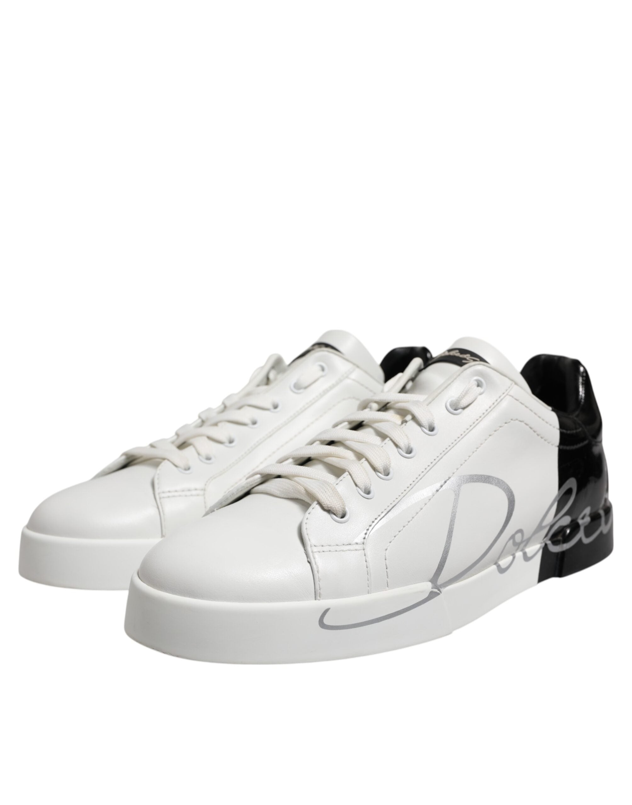 Dolce &amp; Gabbana White Black Logo Low Top Leather Sneakers Shoes