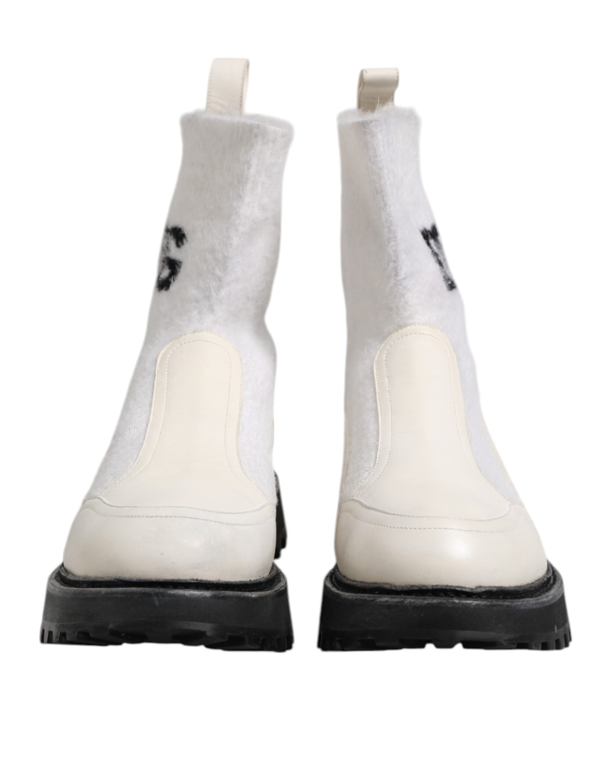 Dolce &amp; Gabbana White Beige DG Logo Mid Calf Boots Shoes