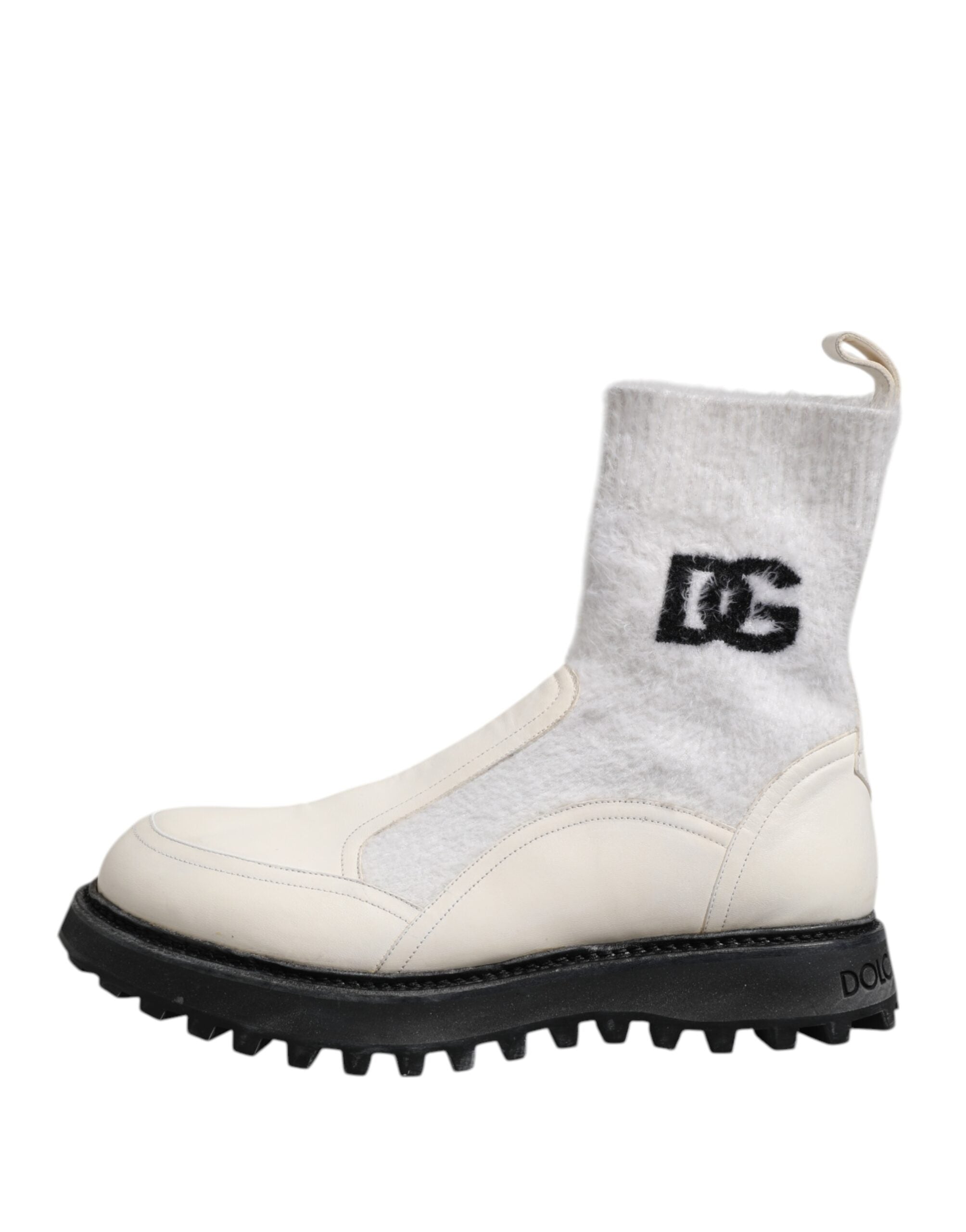 Dolce &amp; Gabbana White Beige DG Logo Mid Calf Boots Shoes