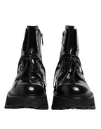 Dolce &amp; Gabbana Black Leather Logo Ankle Boots Lace Up Shoes